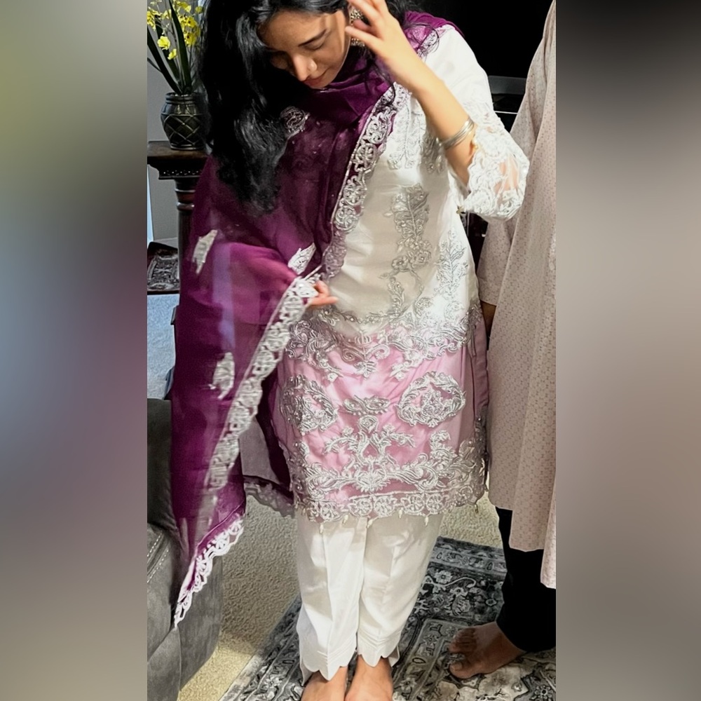 South Asian White and Purple Embroidered Outfit